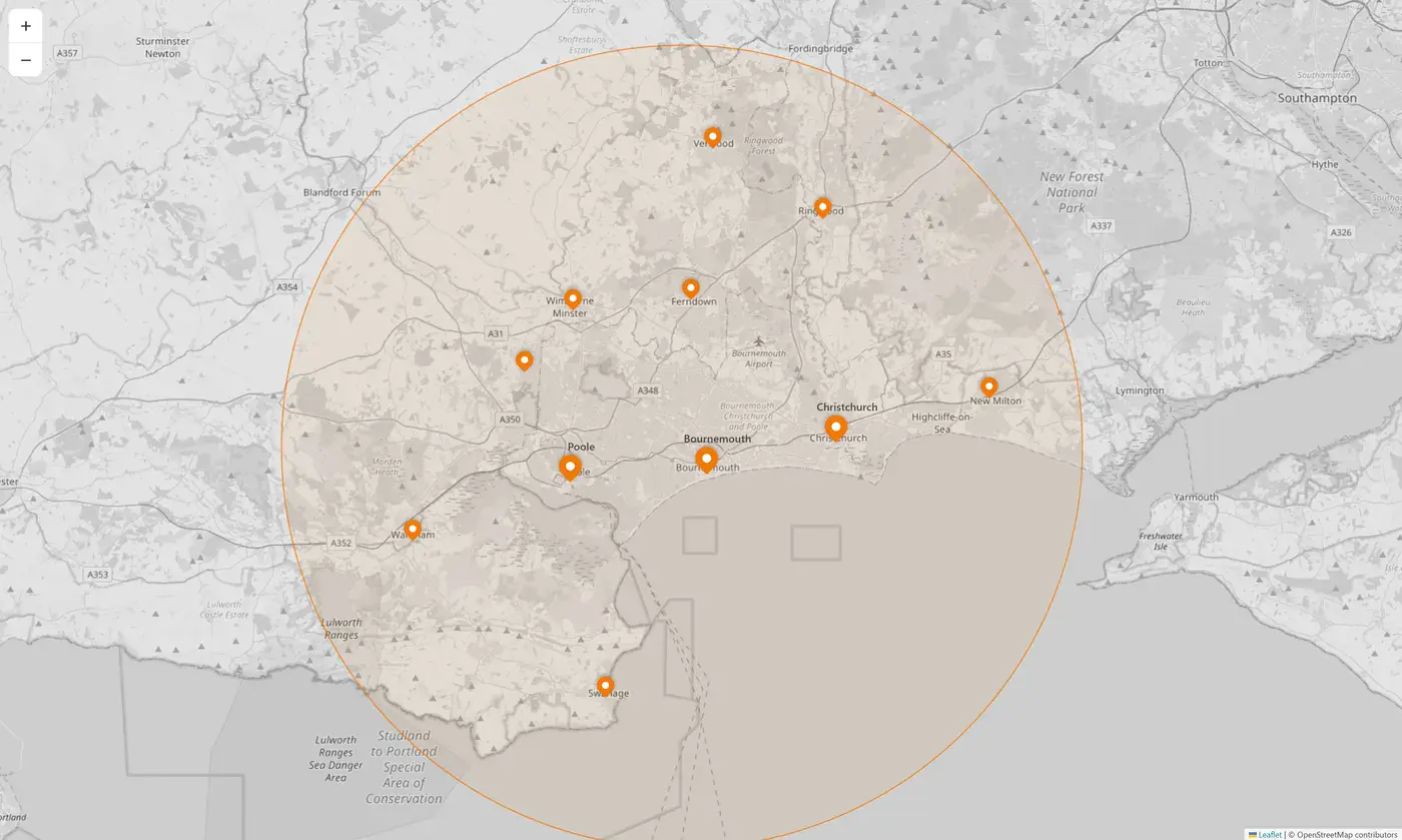 Map of the Senior Heating Solutions coverage area across Bournemouth, Poole, Christchurch and wider Dorset
