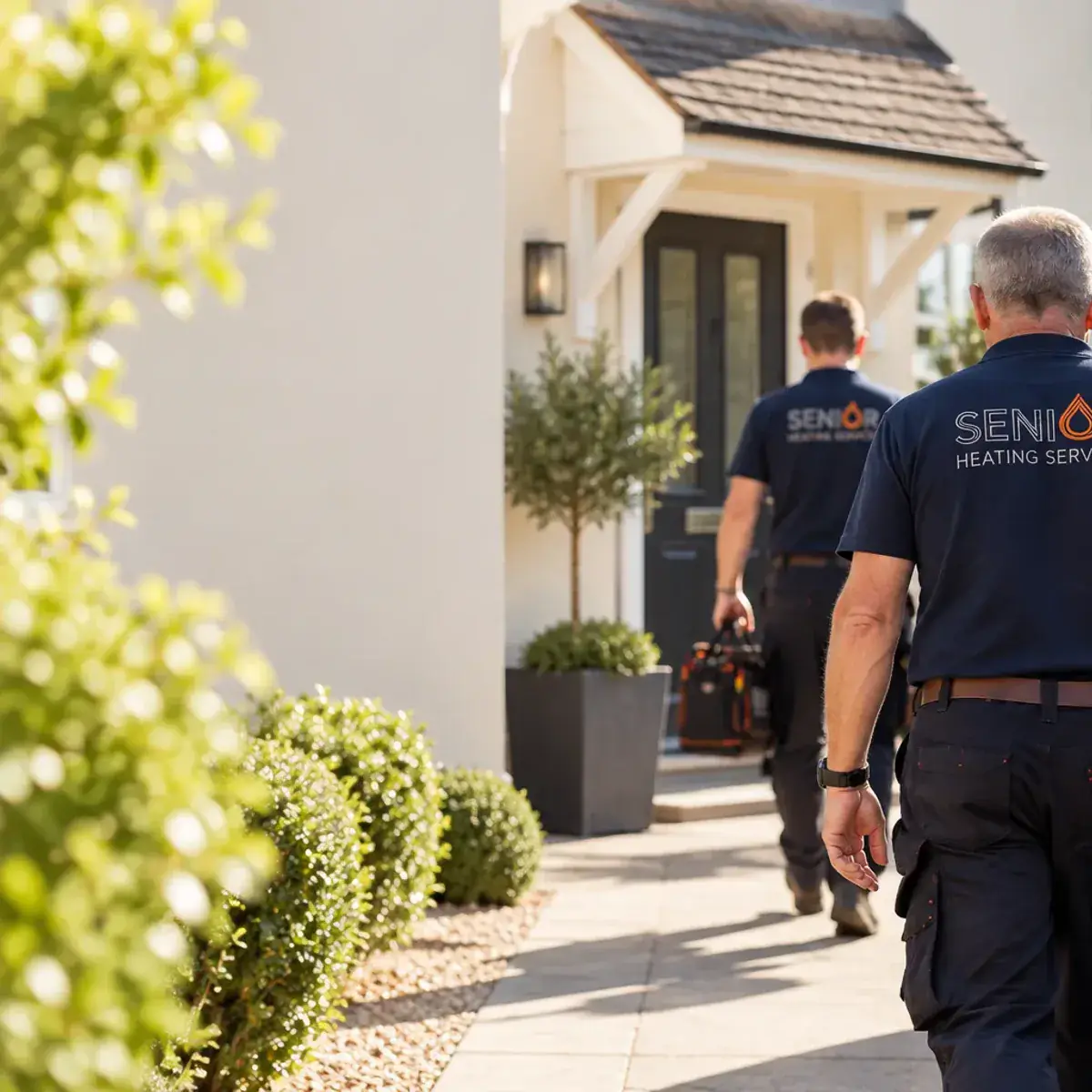 Two Senior Heating Solutions engineers walking to a customer's front door with tool bags