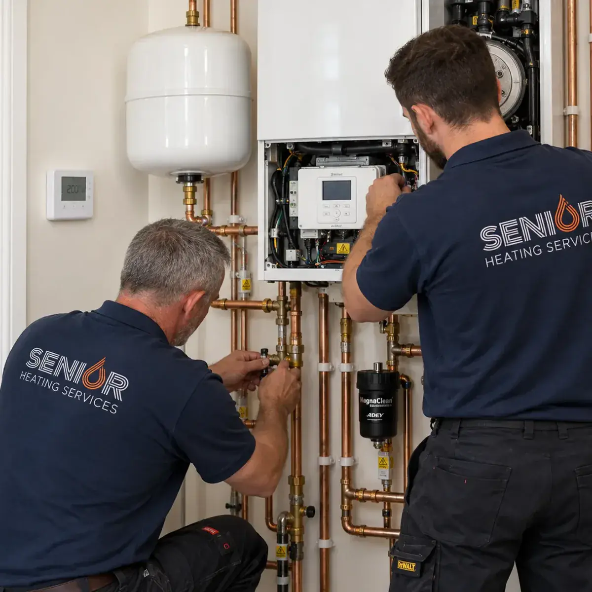 Two Senior Heating Solutions engineers working on a wall-mounted boiler and its pipework
