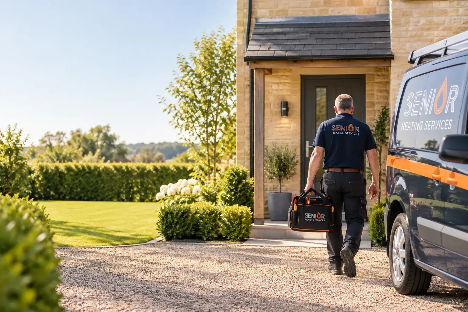 A Senior Heating Solutions engineer walking up to a house with the company van on the drive