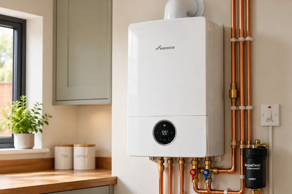Engineer fitting the casing on a newly installed wall-hung boiler
