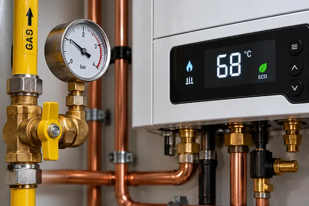 Viessmann boiler control panel showing the flow temperature