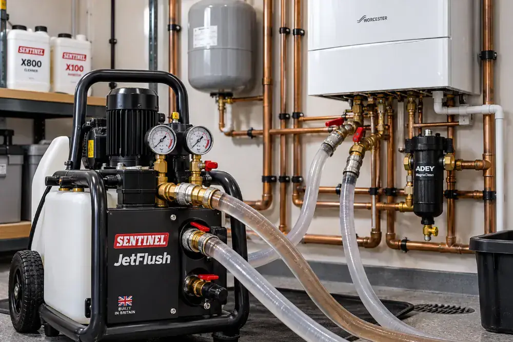 Heating system pipes and pressure gauges